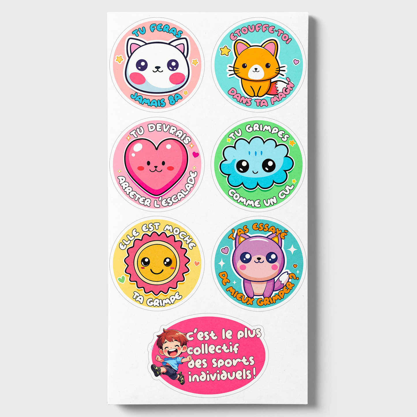 Planche de stickers escalade humour – “Tu grimpes comme un cul” & phrases cultes"